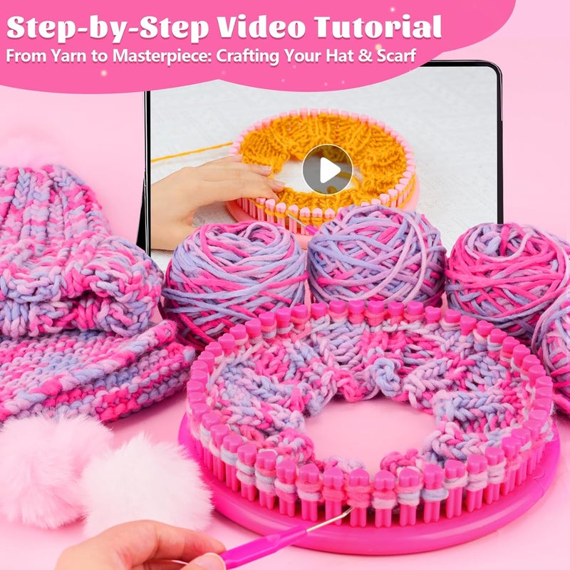 PREBOX Knitting Loom Craft Kit for Kids & Beginners - Create Hat & Scraf with Yarn, Hook Needle, Ideal Birthday Christmas Gifts for Teens Girls Age 6-8 8-12 14+, Rose Loom - Image 3